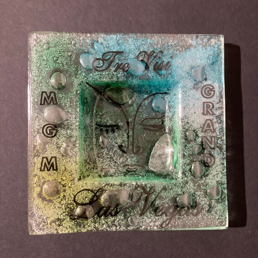 Vintage MGM Grand Las Vegas Tre Visi Restaurant Glass Small Dish or Ashtray